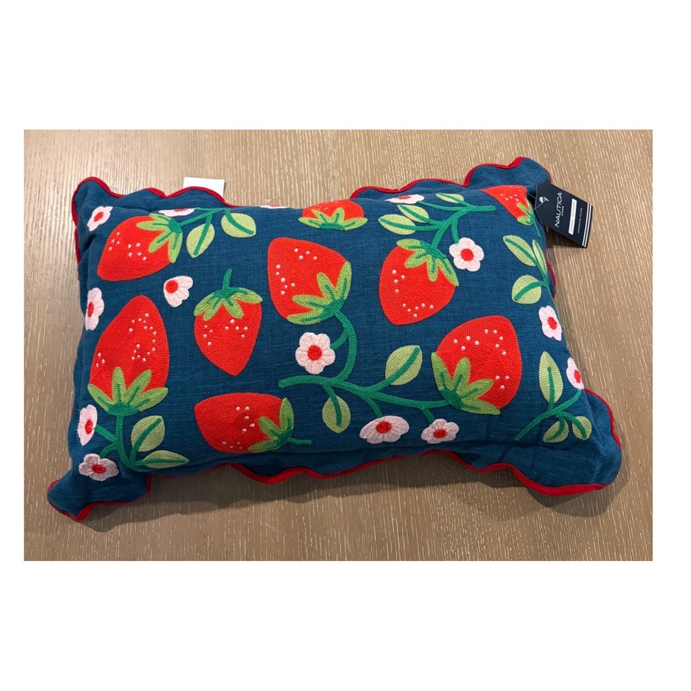 Nautica Blue Red Strawberry‎ Indoor Outdoor Scalloped Decorative Pillow NEW